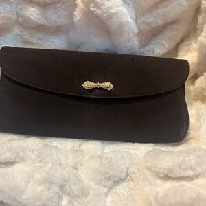 Chic Vintage 1950’s Prestige Brown Velvet Clutch with Rhinestone Bow Detail
